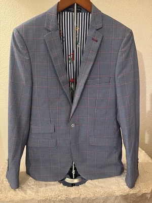 Blazer de cachemira y gris para hombre 38R azul rojo blanco a cuadros ajuste ajustado forro floral Foto 1 de 4