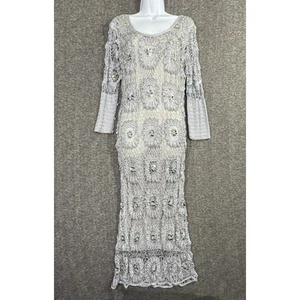 Newport News Crochet Maxi Dress XL Gray A-Line Silver Sequin 3/4 Sleeve Lined - Picture 1 of 8