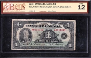 Bank Of Canada 1935 $1 One Dollar Banknote Osbourne-Towers BCS Graded F-12 - Picture 1 of 2