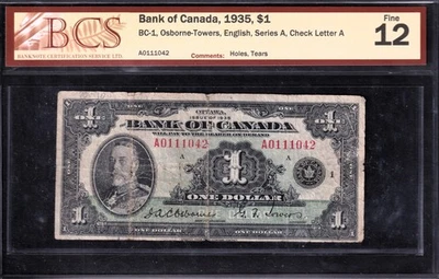 Bank Of Canada 1935 $1 One Dollar Banknote Osbourne-Towers BCS Graded F-12 - Image 1 of 2