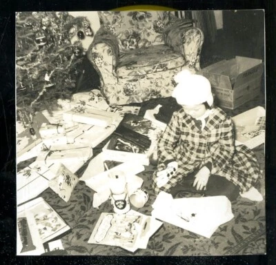 Vintage Christmas Photo ICONIC YOUNG GIRL ON CHRISTMAS MORNING UNDER TREE 1951 4 - Image 1 of 2