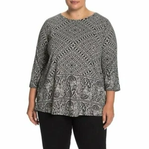 Lucky Brand Paisley Border Print Top Womens Plus Size 2X Black Shirt 3/4 Sleeves - Picture 1 of 9