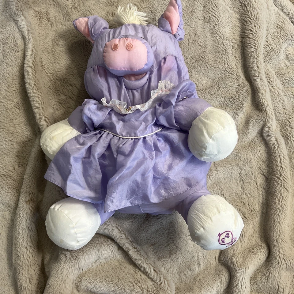 VTG. 1987 FISHER PRICE PLUSH PUFFALUMP PIG WITH DRESS, LAVENDER Pink Purple - Image 1 of 4
