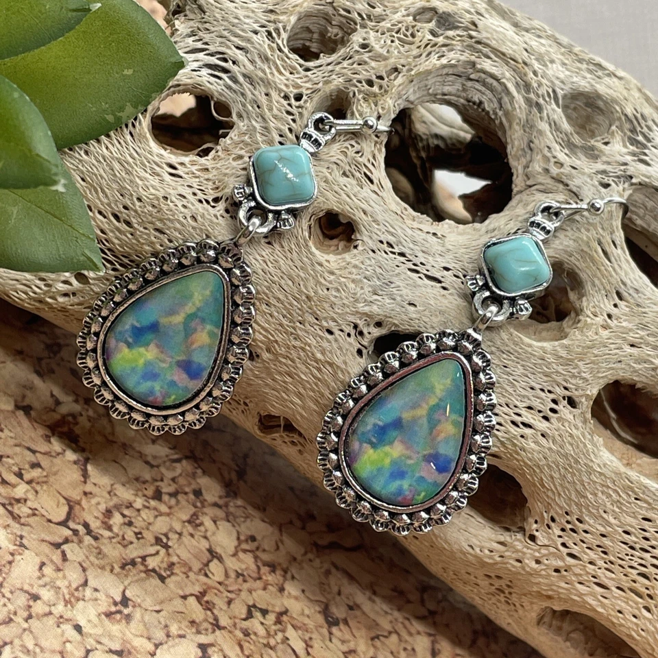 Southwestern Faux Turquoise Beach Mermaid Cluster Pendant blue Earrings Western - Image 1 of 4