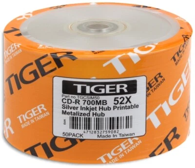 100-Pak TIGER Silver Inkjet Hub Printable 52X 80-Min CD-R's (2 x 50-Pak) - Image 1 of 2