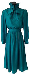 Vtg 80s Pussy Bow Silk Green Dress Bishop Sleeve Belt Puff Shoulder Secretary M