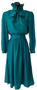 Vtg 80s Pussy Bow Silk Green Dress Bishop Sleeve Belt Puff Shoulder Secretary M - Picture 1 of 20