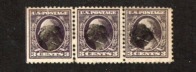 1917-19 U.S. Regular Flat Plate 3c Violet Ty II p.11 Strip of 3  Sc#502 Used - Image 1 of 1