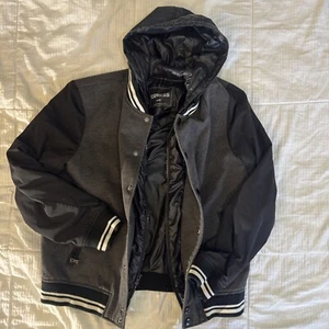 Express Varsity Jacket Size Medium Black Gray And White - Picture 1 of 14