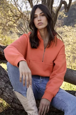 VELVET By Graham & Spencer Ali Fleece Quarter Zip Sweatshirt Femme Coral $198 E1 - Image 1 of 4