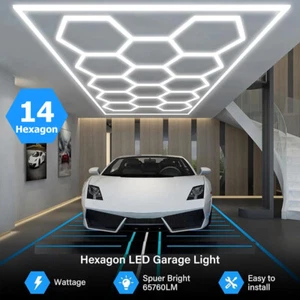 14 Grid Hexagon LED Garage Lights System Honeycomb Light 6500K for Workshop Gym - Picture 1 of 7