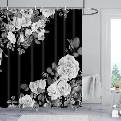 Black and White Rose Shower Curtain Fabric 70-84in Long Shower Curtain and Rug - Image 1 of 4