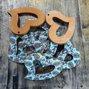 Printed Basswood Pendant, Blue Heart, 33x39x3mm, 10 pieces. - Picture 1 of 2