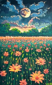 Original Landscape Painting Signed Night Moon Flowers Nature Collectible Art - Picture 1 of 4