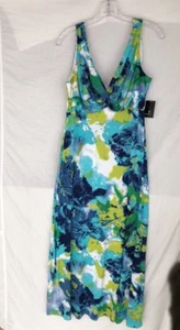 NEW RONNIE NICOLE Blue Green Halter V Neck Maxi Full Length Floral Sun Dress 12 - Picture 1 of 11