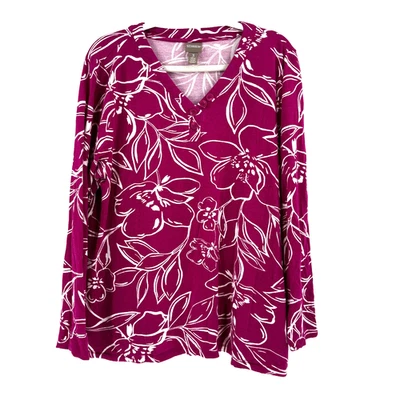 Chico's Floral Jersey V-Neck Tunic Top Women's XL Pink Pockets Pullover Stretch - Image 1 of 4