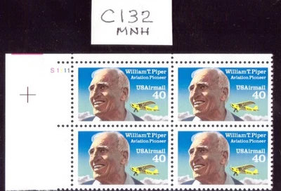 US Scott C132 40c 1993 William T Piper PLATE BLOCK MNH + C129 FOR COMPARISON - Image 1 of 2