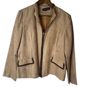 Perceptions Jacket Womens 14 Tan Faux Suede Zip Front Brown Stitch Trim Classic - Picture 1 of 7