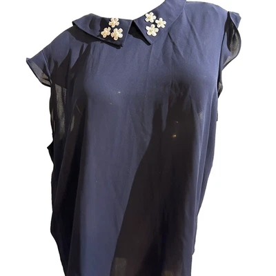 Women’s Elle Navy Blue and White Embroidery Sleeveless Sheer Tank Top Size XL 16 - Image 1 of 4