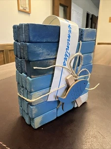 Coastal Themed Driftwood Blue Wood Block Coasters By Forevermentera | Set Of 4 - Picture 1 of 18