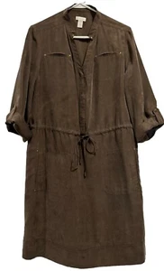 Chicos Sz 2 100% SILK Shirt Dress Dark Brown Knee Length Timeless Capsule Comfy - Picture 1 of 14