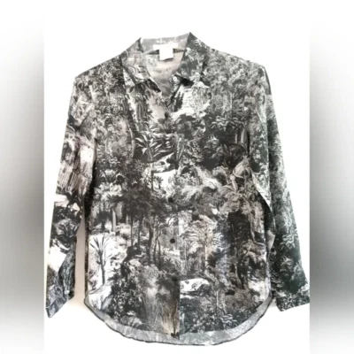 Blusa de seda tallada negra blanca con estampado de bosques góticos manga larga talla mediana Foto 1 de 4