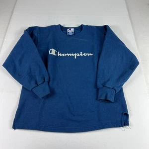 Y2K Champion Sweatshirt Youth Medium 10-12 Blue Faded Cursive Logo Crewneck - Picture 1 of 13