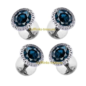 Natural London Blue topaz Gemstones 925 Sterling  Silver Tuxedo Buttons set #201 - Picture 1 of 6