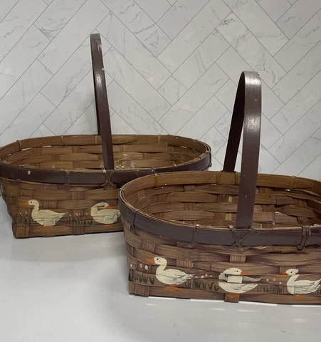 Lot of 2 Vintage Cute Geese Brown Woven Baskets - Small and Medium Sized Cover