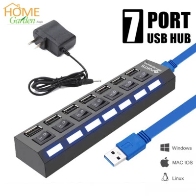  3.0 Hub 7 Ports Powered USB On/Off Switches Splitter AC Adapter Cable PC Laptop - Image 1 of 4