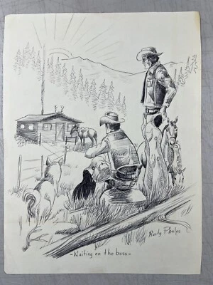 Rusty Phelps Original Vintage Western Cowboy & Horses Pluma Tinta sobre Papel Dibujo Foto 1 de 4