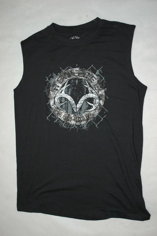 Mens T-Shirt BLACK MUSCLE TEE Sleevlss REALTREE EST. 1986 Logo & Design L 42-44 - Image 1 of 1