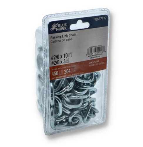 Blue Hawk #2/0 x 10ft Passing Link Chain, Zinc-plated 450LB Medium Duty ...