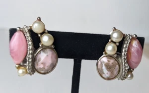 Vintage clip on earrings faux pearls pink stones silvertone - Picture 1 of 5