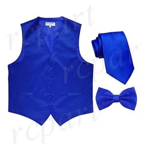New Men's Solid Tuxedo Vest Waistcoat Necktie & Bowtie Set Party Prom Royal Blue - Picture 1 of 4
