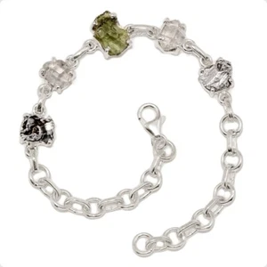 Natural Genuine Czech Moldavite & Herkimer Diamond 925 Silver Bracelet SB17473 - Picture 1 of 1