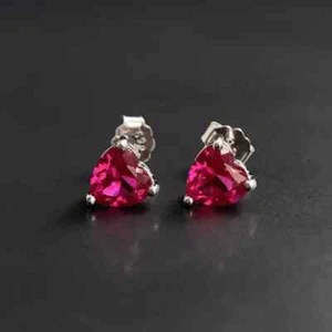 2Ct Heart Shape Solitaire Lab Created Pink Ruby Stud Earring 14k White Gold Over - Picture 1 of 5