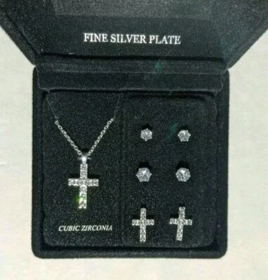 Cross  Cubic ZIRCONIA Lighted Box NECKLACE Stud EARRINGS Fine Silver Plate!  - Image 1 of 4