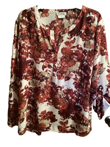 Van Heusen L/XL Tunika Top Blumen HERBST Blätter Burnt Orange Braun Adj Tab Pullover - Bild 1 von 10