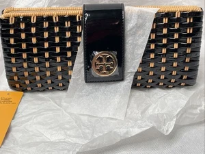 Tory Burch basket Woven Patent Natural /Black Clutch purse Beautiful New Nice - Picture 1 of 23