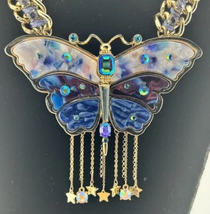 Betsey Johnson Butterfly Rhinestone Large Statement Necklace Blue Purple AB 4” - Picture 1 of 6