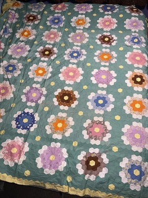 Vintage Green Quilt Top Hand Stitched Cotton Grandmother Flower Garden 81x80 - Image 1 of 4