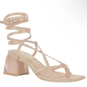Deltan $98 Fawn Nude Ankle Wrap Strappy Block Heel Thong Sandals Sz 6.5 NEW - Picture 1 of 12