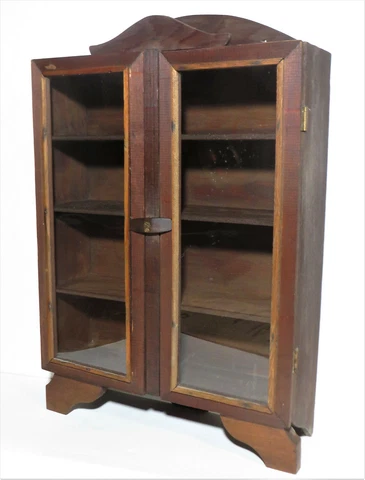 Antique Pine Wood & Glass Wall Hanging Curio Cabinet Cover