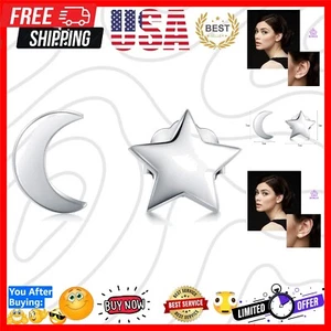 925 Sterling Silver Crescent Moon & Star Stud Earrings - Tarnish Resistant Charm - Picture 1 of 6