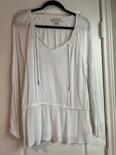 Camicia da donna Michael Kors chiffon bianca taglia 10 cravatta collo manica lunga A 5