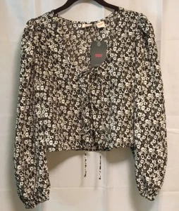 Women's Levi's Boho Embry Peasant Blouse Tie Front Black White Floral Size Med - Picture 1 of 6