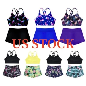 Kids Girls Sport Suit U Neck Elastic Waistband Outfit Straps Rear Cross Set - Picture 1 of 94