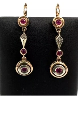 Pendientes de Diamantes Antiguos Roseta y Zafiros Rosados Oro 14K ¡Hechos en Italia! Foto 1 de 4