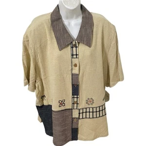 Koret women’s top Size 20W cream checkered embroidered short sleeve - Picture 1 of 9